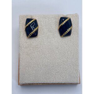 Anne Klein Vintage Gold Tone Blue Navy Enamel Pierced Post Earrings Signed